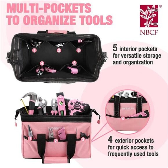 WORKPRO 13-Inch Tool Bag, Pink Soft Cloth Tool Storage Bags - Pink Ribbon - Picture 2 of 6